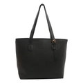 Minimalist black faux leather tote bag with gold metal buckle and embossed lettering - Black