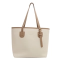 Minimalist cream tote bag with brown straps and embossed fashion text detail - White