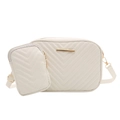 Borsa a tracolla trapuntata beige con borsellino rimovibile e dettagli in metallo oro - Bianco