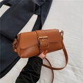 Brown leather baguette shoulder bag with a vintage gold buckle and slim adjustable strap - Brown