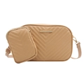 Borsa a tracolla trapuntata beige con mini portamonete e dettagli dorati - Cachi