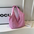 Pink quilted ruffle tote bag with textured puffy fabric and stylish top handle - Pink