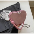 Rosafarbene Pailletten-Handtasche in Herzform mit Knotengriff und Metallkette - Rosa