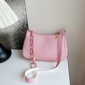 Chic pink woven crescent underarm bag with acrylic chain and wide shoulder strap - Pink