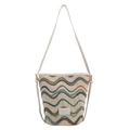 Ethnic bucket bag with colorful wave patterns and ivory woven fabric with shoulder strap - White