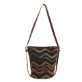 Dark brown knitted bucket bag featuring colorful wave patterns and leather straps - Brown