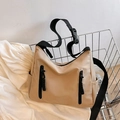 Chic beige large nylon hobo bag with black zippers and adjustable wide strap - Khaki
