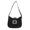 Borsa sottobraccio in pelle nera minimalista con fibbia in cristallo quadrata e tracolla oro - Nero
