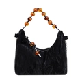Borsa hobo nera a pieghe stile nuvola con manico in perline color ambra e catena argento - Nero