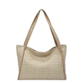 Große Sommer Strohtasche gewebt mit braunen Ledergriffen in Naturbeige - Khaki