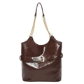 Bolso tote de charol marrón oscuro con cadenas doradas y detalle de hebilla de oro - Marrón