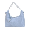 Light blue pleated glossy leather handbag with distinctive large white beaded handle - Blue