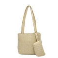 Minimalist straw woven tote bag set with matching pouch and herringbone texture detail - Khaki