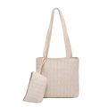 Beige woven straw tote bag and matching small zipper pouch in a minimalist set - Off White