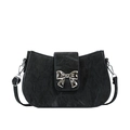Fashionable black square shoulder bag with silver bow buckle and wrinkled texture - Black
