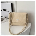 Detail view of the light beige handbag with silver chain strap and metal logo plaque - Khaki