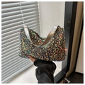 Detail of multi-color gradient sequins on a half-moon shoulder bag with silver chain handle - Gray