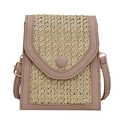 Pink faux leather and straw woven crossbody phone bag with rectangle flap closure - Khaki