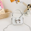 Mini white leather handbag for girls with silver metal bow and delicate chain strap - White