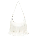 Sac bandoulière demi-lune blanc à franges en cuir grainé avec détails métalliques dorés - Ivoire / 22*26*6.5