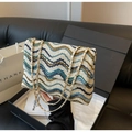 Retro wave pattern knit shoulder bag with gold chain strap in blue and green hues - Off White