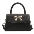 Elegant black PU leather handbag with silver bow detail and detachable shoulder strap - Black