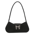 Minimalist French black baguette bag with silver metal bow detail and slim shoulder strap - Black