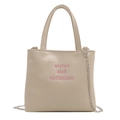 Petit sac fourre-tout beige texturé avec broderie rose et bandoulière chaîne argent - Blanc
