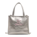 Sac seau argenté avec broderie rose et bandoulière en chaîne métallique amovible - Argent