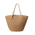 Grande borsa tote intrecciata con manici in corda di cotone bianco e paglia beige - Cachi