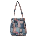 Patchwork-Einkaufstasche aus Segeltuch mit Blumen- und Karomuster in Blau und Rosa für Damen - Rosa Gitter