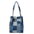 Blaue Patchwork Denim Tote Tasche mit Vintage Fransen und großem Fassungsvermögen für Damen - Blau Kariert
