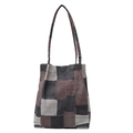 Retro Patchwork-Canvas-Tragetasche mit neutralen Farbblöcken in Denim-Grau und Kaffee - Braun Kariert