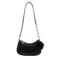 Glossy black crescent shoulder bag with crocodile texture, gold chain and plush charm - Black