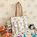 Sac fourre-tout en toile blanche avec motif ours mignon et bandoulières en tissu marron - Style Sac Blanc