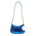 Blue snakeskin embossed crescent shoulder bag with golden chain and white plush ball charm - Blue