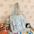Sac fourre-tout en toile bleu clair avec motif ours mignon et poche avant bouclée - Bleu Sac simple