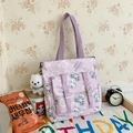 Pink canvas tote bag with cartoon bear print and plush pendant in harajuku style - Purple Single Bag