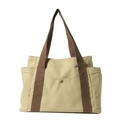 Große beige Canvas-Tragetasche mit braunen Trägern und praktischer Druckknopftasche - Khaki