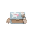 Cute denim and leather crossbody bag with white star patch and wide adjustable shoulder strap - Khaki