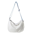 White half-moon canvas crossbody bag with blue adjustable shoulder strap and fashion label - White with Blue
