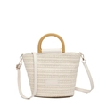 Borsa tote intrecciata color crema con manici in legno marrone e tracolla regolabile - Bianco