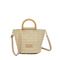 Borsa a secchiello in paglia intrecciata beige con manici tondi in legno e tracolla - Cachi