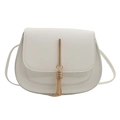 White mini saddle crossbody bag with golden metal buckle and fringe tassel detail - White