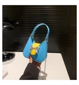 Fashionable blue and yellow saddle bag with silver bow and metal chain strap - Small / Blue