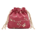 Borsa a secchiello bordeaux in cotone e lino con elegante ricamo floreale e coulisse - Rosa