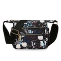 Floral nylon crossbody bag with owl prints and adjustable shoulder strap in black - Owl