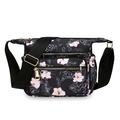 Floral print black nylon crossbody bag with adjustable strap and multiple zip pockets - Pink Large Flower