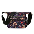 Floral nylon crossbody bag in deep purple with multiple zipper pockets and gold accents - Red Dangle Flower