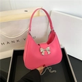 Rose pink half moon shoulder bag with a silver bow ornament and elegant chain strap - Rose Pink
